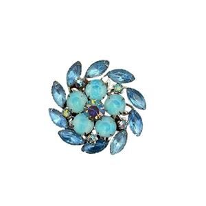 Vintage Swirl Floral Aqua Blue Aurora Rhinestone Crystal Brooch Pin